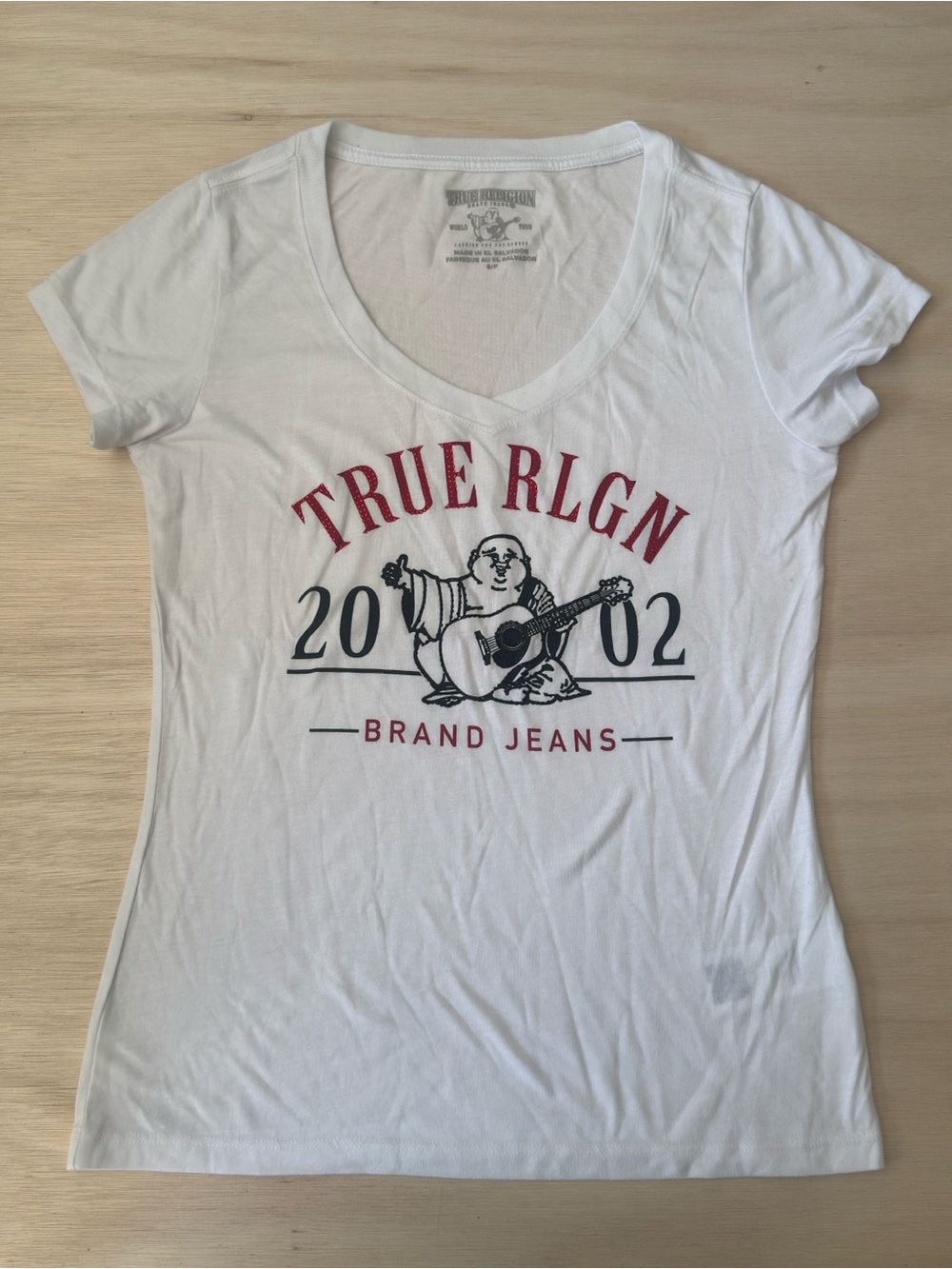 True Religion White V-Neck Tee with Red and Black Graphic